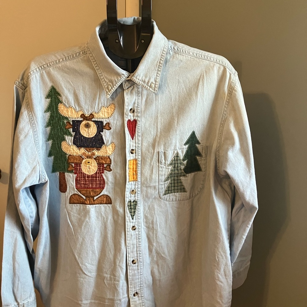 Jerzees XL Embroidered Moose Denim Shirt Jacket Cabin Lodge